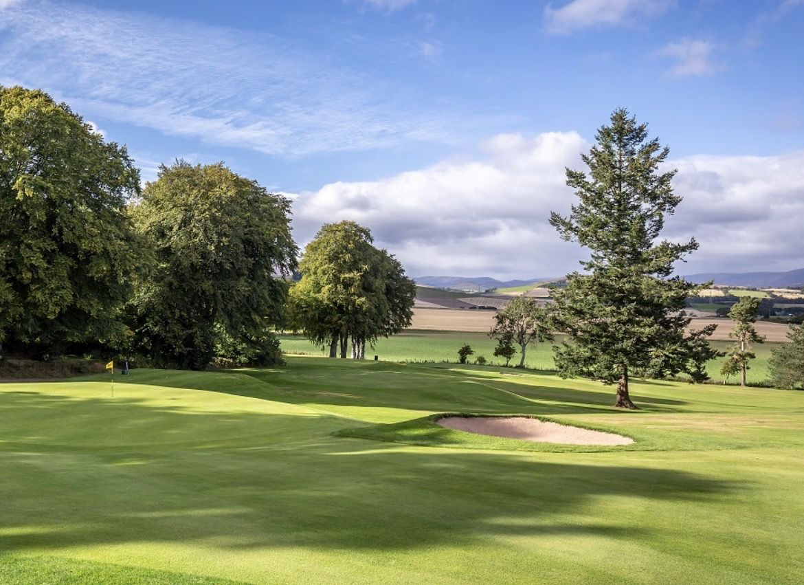 Tree-lined parkland green with a bunker and hills beyond